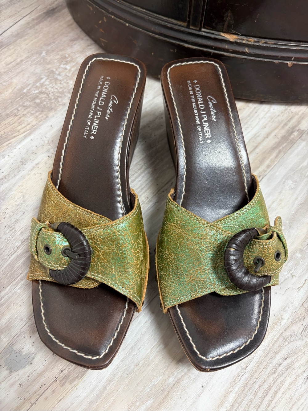 Donald J. Pliner Green Metallic Buckle Slide Mules